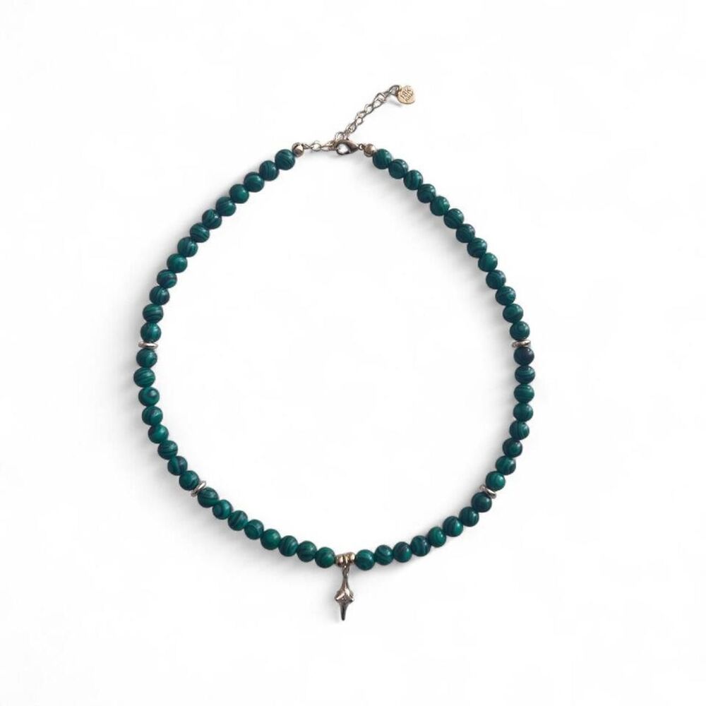 Green Malachite Beaded Necklace Gold Tone Charm